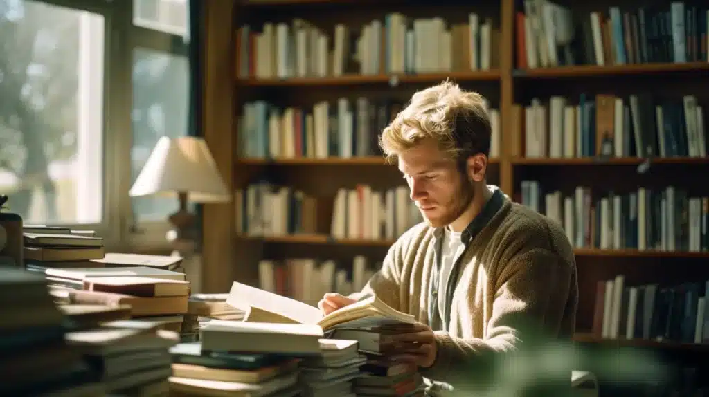 blonde person reading a book in a bright library