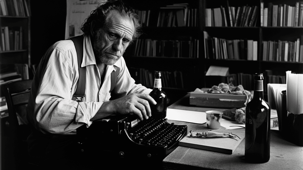 Fictional image of Charles Bukowski sitting at a typewriter working