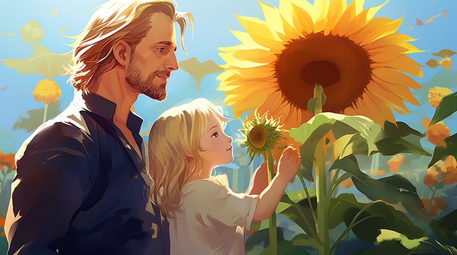 girl with dad looking at asunflower