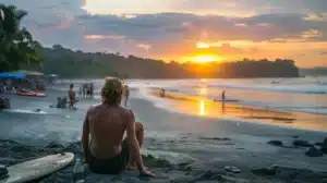 male sitting on the beach alone at sunset in costa rica