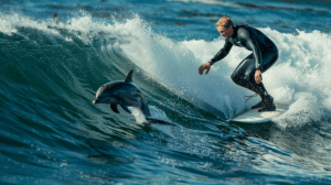 blonde man surfing a wave with a dolphin