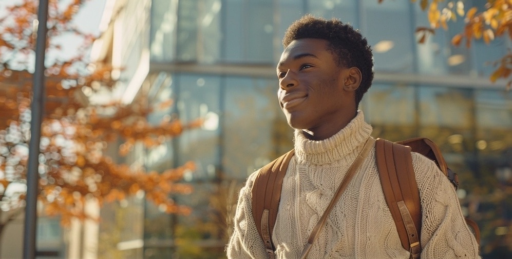 African American student with a backpack walking on a modern university campus