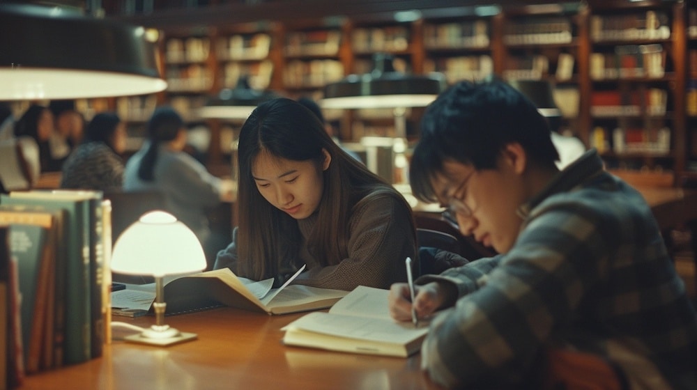 Two students studying at night in crowded library